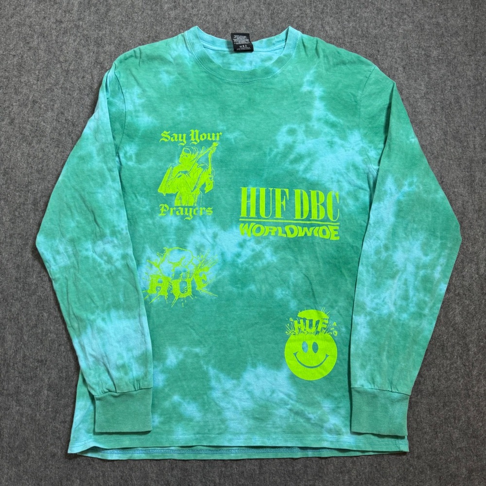 HUF DBC Worldwide Tie Dye Long Sleeve Graphic T-Shirt Green Mens Size Medium